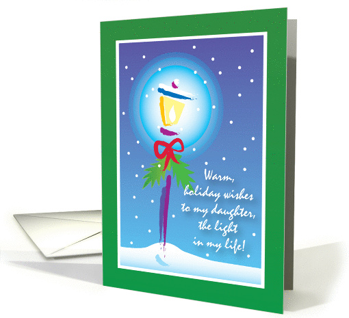 Holiday card for daughter, street light, red ribbon & snow card