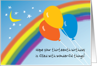 Thirteenth Birthday with Balloons Rainbow Moon and Stars card