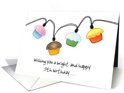 Happy 9th Birthday Wishes Colorful Cupcakes String Lights card