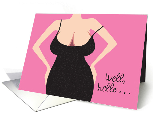 Boob Job Surgery Sexy Buxom Woman Black Dress Pink Background card