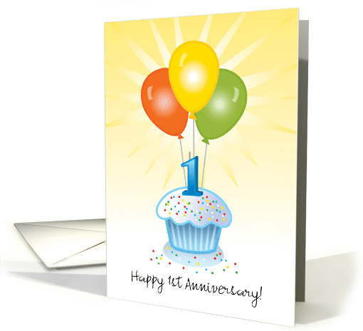 1st Anniv. Employee Cupcake Balloons No.1 Candle Congratulations card