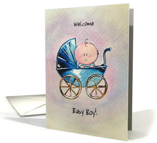 Congratulations on your new baby boy! a baby boy in a stroller card