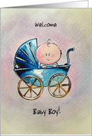 Congratulations on your new baby boy! a baby boy in a stroller card