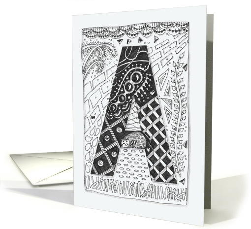 Letter A initial/monogram, tangle-style black/white colouring card