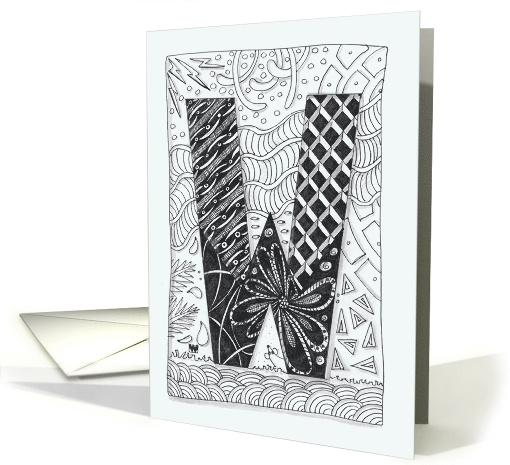 Letter W initial/monogram, tangle-style black/white colouring card