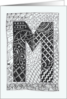 Letter M initial/monogram tangle-style black/white colouring card