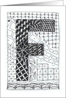 Letter F initial/monogram tangle-style black/white colouring card