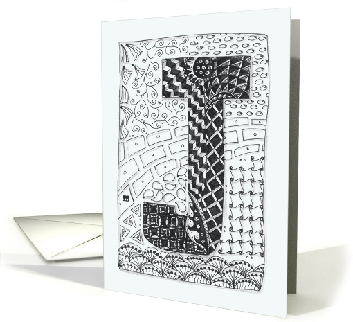 Letter J initial/monogram tangle-style black/white colouring card