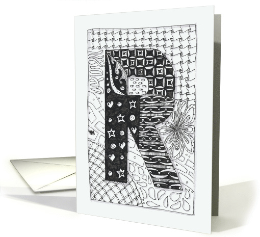 Letter R initial/monogram tangle-style black/white colouring #2 card