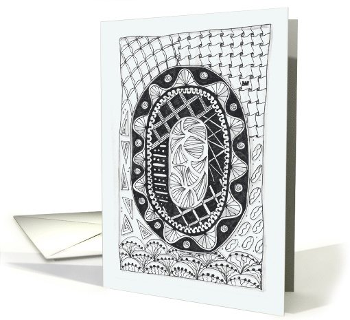 Letter O initial/monogram tangle-style black/white colouring #2 card