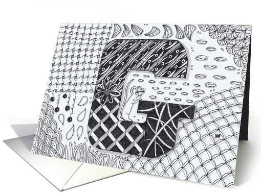 Letter G initial/monogram landscape black/white colouring tangle card