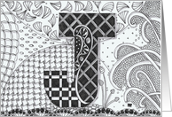 Letter J initial/monogram landscape black/white colouring tangle-style card