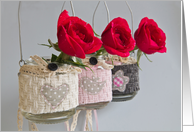 vintage card for Mother’s Day with three red roses in cute jars card