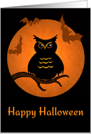 Owl on a Branch with Bats in front of October Moon for Halloween card