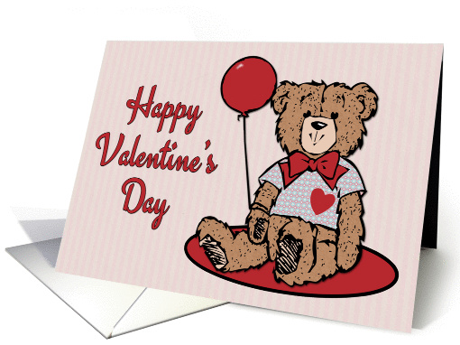 Teddy Bear with a Heart Pattern Shirt and Holding a Balloon card