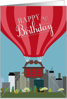 Hot Air Balloon in Front of City Skyline Birthday Card