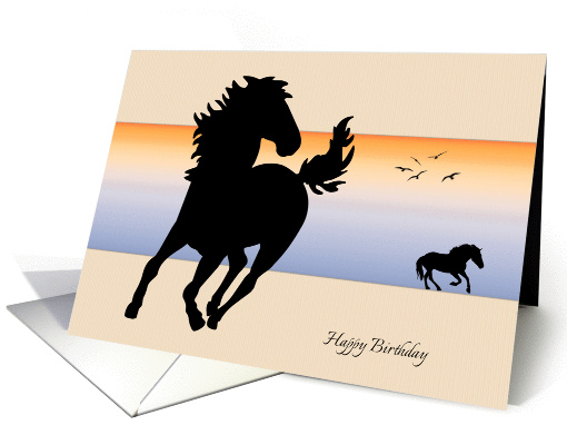 Two Silhouette Horses Running on a Color Background Birthday card