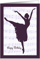 Beautiful Ballerina in front of Sheet Music Background Birthday Card