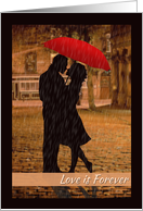 Silhouette Couple Embrace in the Rain for Love is Forever Card