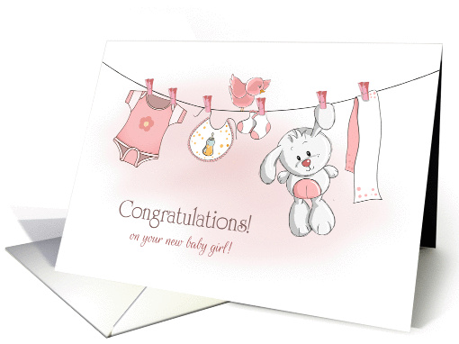 Congratulations Baby Girl with Bunny and Apparel on Clothes Line card