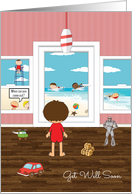 Cartoon Boy Standing at Door Watching Friends Get Well card