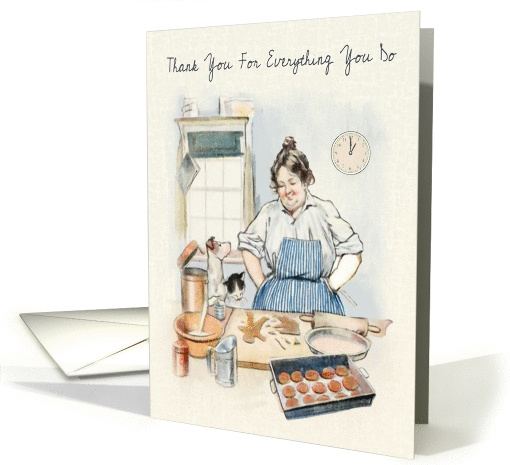 Watercolor of Mom Preparing Cookies with Cat and Dog Helping card