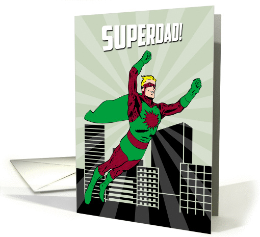 Retro Superhero Dad Flies Through the Air for Fathers Day card
