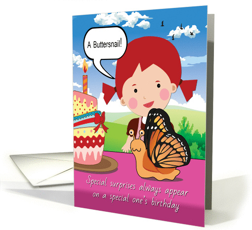 Happy Birthday Card with Cute Cartoon Girl and Funny Buttersnail card