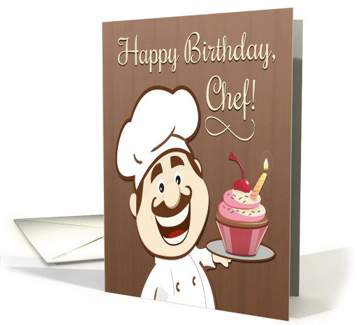 Cartoon Chef Serving a Colorful Cupcake with Candle for Birthday card