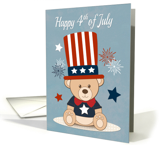 Cute Teddy Bear with Fireworks and Stars for 4th of July card