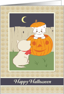 Retro Kittens Playing in Pumpkin with Pumpkin Background for Halloween card