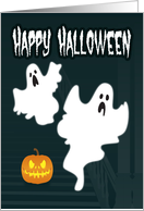 Two Ghosts in Front of a Haunted Staircase with Pumpkin for Halloween card