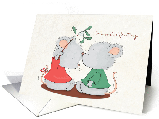 Girl Mouse holds Mistletoe over Boy Mouse for Seasons Greetings card