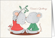Girl Mouse holds Mistletoe over Boy Mouse for Seasons Greetings card