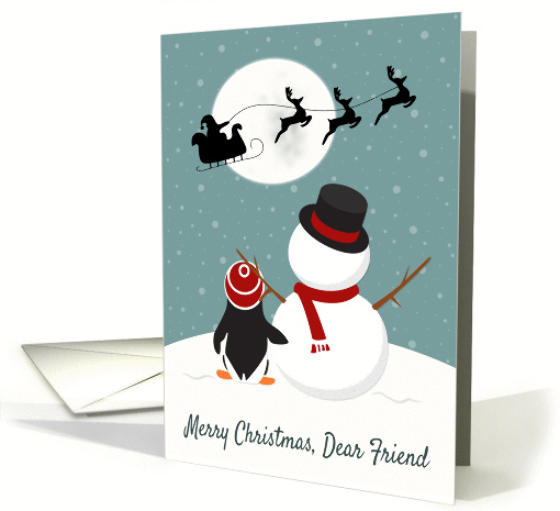 Snowman and Penguin Watch Santas Sleigh for Christmas card (1395746)