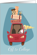 Girl Driving Off to College with Red Car and Suitcases card