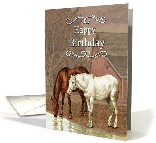 Vintage Horses Drinking from Stream for Birthday card (1408266)