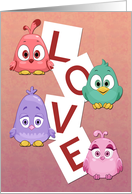 Cute Cartoon Birds with Love Spelled Out for Valentines Day card