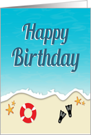 Beach Scene with Lifebuoy and Flippers for Birthday card