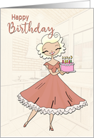 Lovely Lady in Kitchen with a Pink Birthday Cake for Birthday card