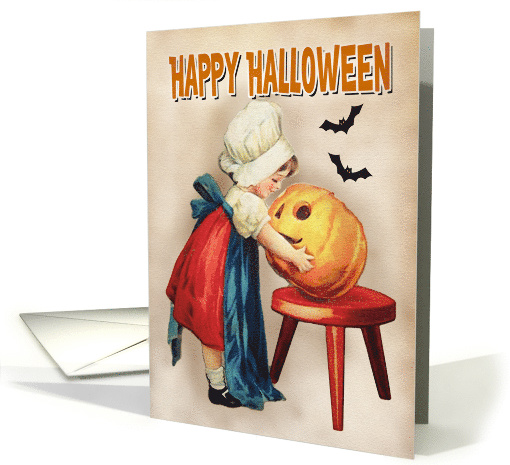 Girl with Pumpkin and Bats for Vintage Halloween card (1532242)