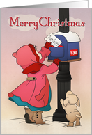 Girl Mailing a Dear Santa Letter with Puppy for Vintage Christmas card