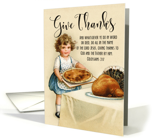 Little Girl with Pie and Turkey for Vintage Thanksgiving card
