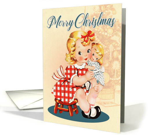 Little Girl and her Christmas present for Vintage Christmas card