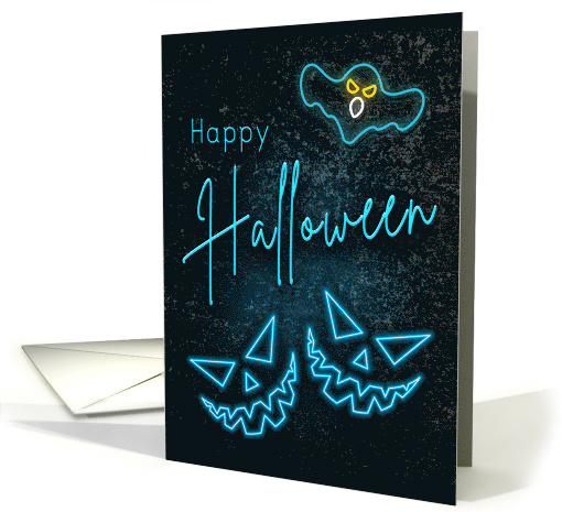 Neon Happy Halloween with Pumpkin Faces and Ghost card (1609288)