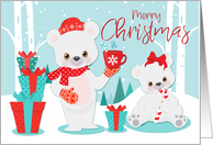 Polar Bears with Gifts in a Forest for Christmas card
