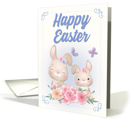 Cute Bunnies with Butterflies Frame and Flowers for Happy Easter card
