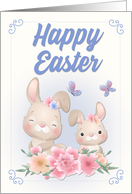 Cute Bunnies with Butterflies Frame and Flowers for Happy Easter card