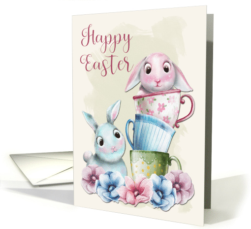 Bunny in Teacups with Blue Bunny and Flowers for Happy Easter card