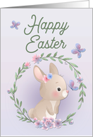 Brown Bunny with Floral Frame and Butterflies for Happy Easter card